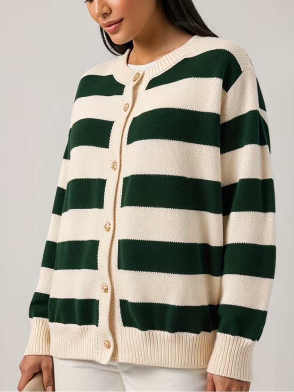 Dark green and ivory striped cardigan, size XL